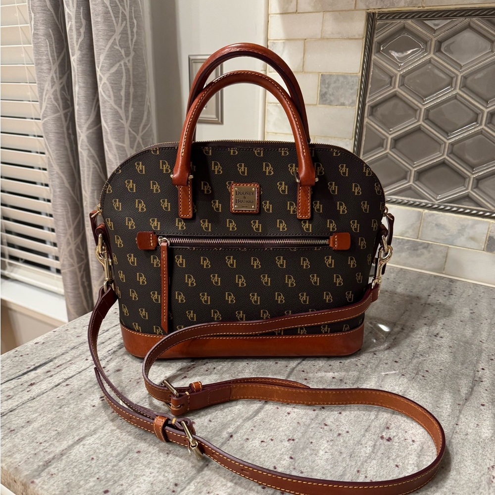 Dooney & Bourke Brown Logo Satchel with Tan Trim